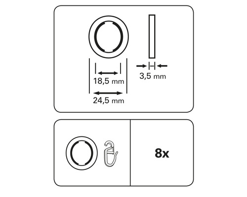 Technische Zeichnung von Gardinenringen mit den Maßen 18,5 Millimeter und 24,5 Millimeter, inklusive Gardinenhaken, 8 Stück