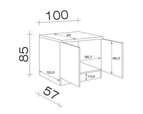 Technische Zeichnung eines Unterschranks mit Maßen