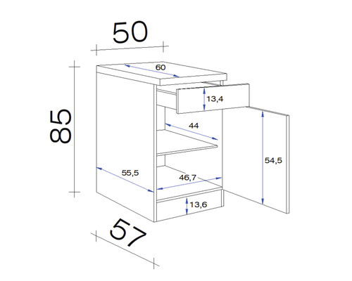 Technische Zeichnung eines Unterschranks mit Schublade und Tür mit Maßangaben