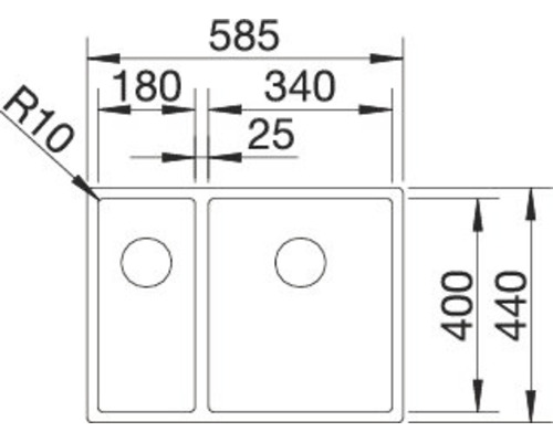 Schéma technique d''un évier à double bac avec indications de dimensions