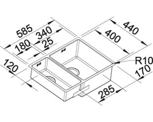 Schéma d''un évier avec indications de mesure.