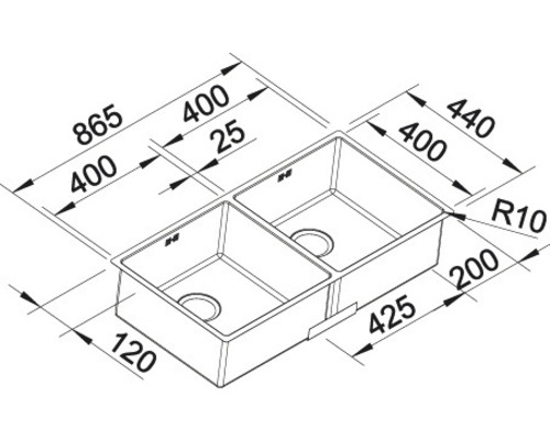 Dessin d''un évier avec cuves et indications de dimensions