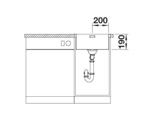 Dessin d''un évier de cuisine mesurant 200 sur 190 millimètres
