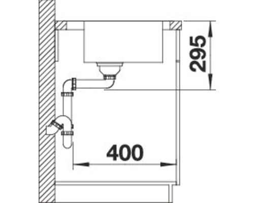 Schéma d''un évier avec tuyau d''évacuation et dimensions