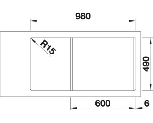 Dessin d''un évier avec des dimensions de 980 x 490 millimètres