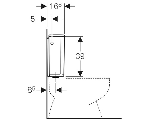 Dessin technique d''un réservoir de chasse d''eau avec indications de dimensions