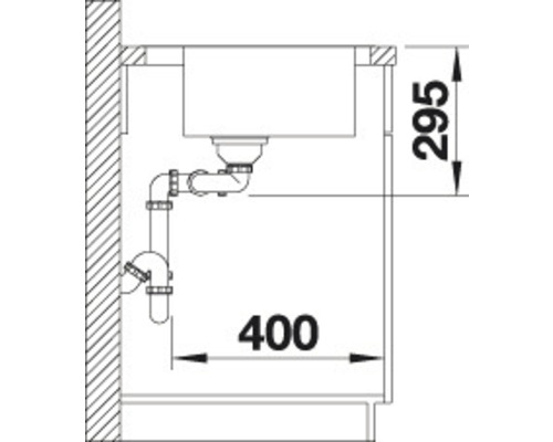 Schéma d''un évier avec siphon et les dimensions 295 et 400 millimètres.