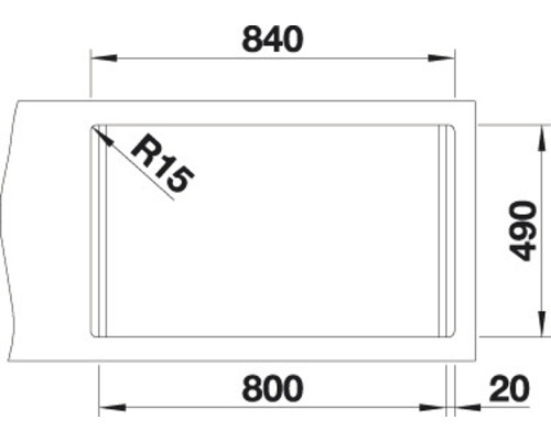 Schéma technique d''un évier avec des dimensions de 840 x 490 millimètres et un rayon d''angle de 15 millimètres