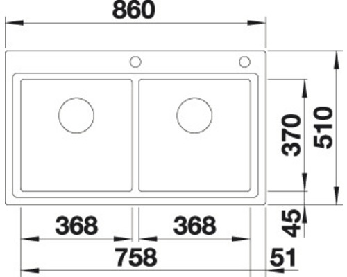 Schéma coté d''un évier à deux bacs et plage de robinetterie