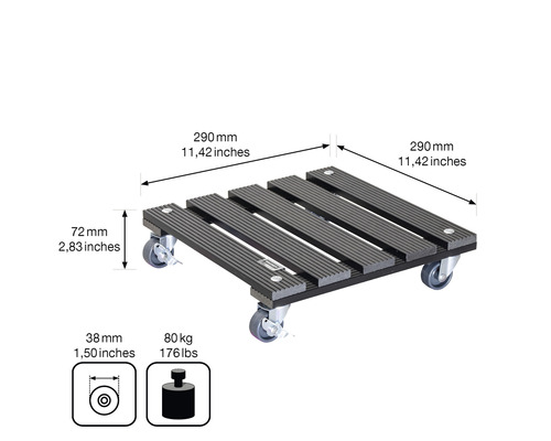 Planche à roulettes de dimensions 290 mm x 290 mm et d''une capacité de charge de 80 kg