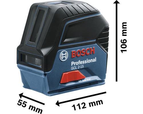 Niveau laser combiné Bosch GCL 2-15 Professional, dimensions 112 mm x 55 mm x 106 mm