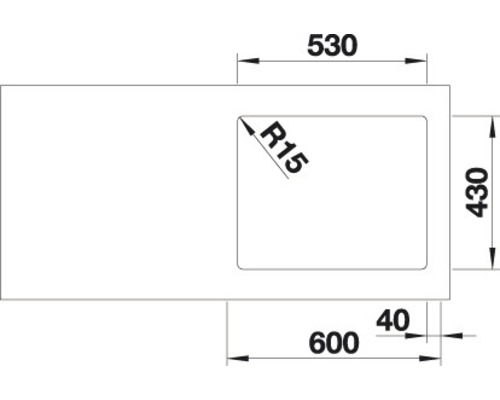 Dessin d''un évier avec des dimensions de 530, 430, 600 et 40 millimètres