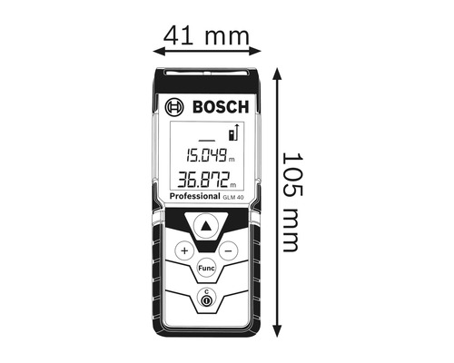Image d'un télémètre laser Bosch GLM 40 Professional avec des dimensions de 41 mm de largeur et 105 mm de hauteur.