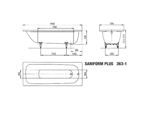 Technische Zeichnung einer Badewanne Saniform Plus 363-1 mit Maßangaben