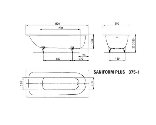 Technische Zeichnung der Saniform Plus Badewanne mit Maßangaben