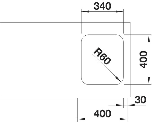 Technische Zeichnung einer Waschtischplatte mit Beckenausschnitt und Maßangaben