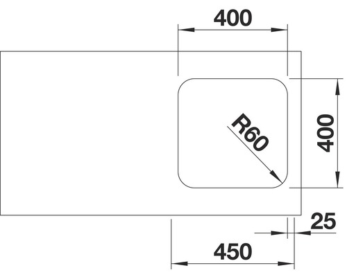 Technische Zeichnung eines Waschtischs mit Maßen.