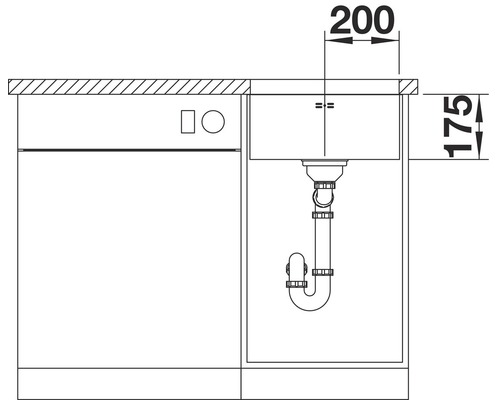 Technische Zeichnung eines Spülbeckens mit Siphon und Maßangaben