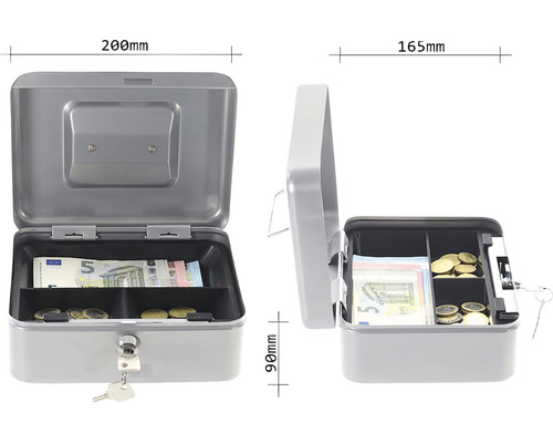 Coffre-fort ouvert avec billets en euros et pièces de monnaie, dimensions 200 mm x 165 mm x 90 mm