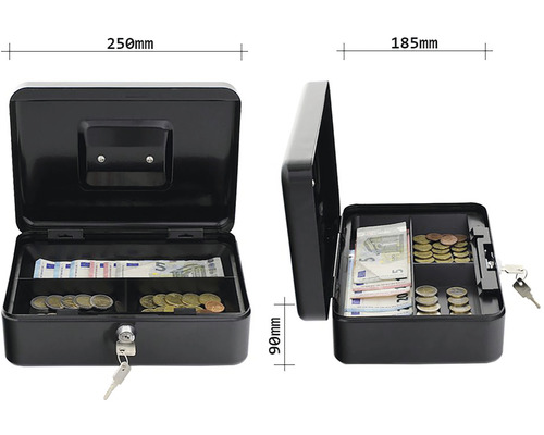 Caisse à monnaie ouverte avec billets en euros et pièces de monnaie, dimensions 250 mm x 185 mm x 90 mm