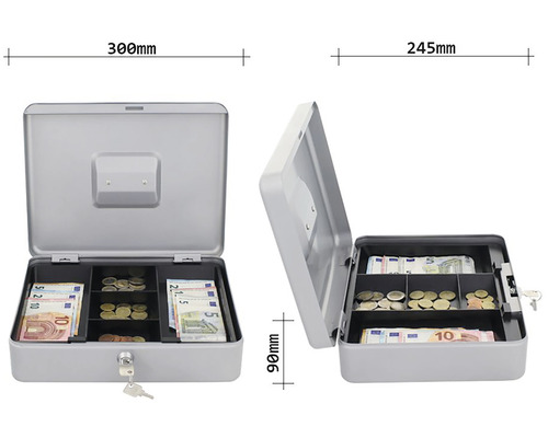 Coffre-fort ouvert en acier avec billets de banque et pièces de monnaie, dimensions 300 x 245 x 90 millimètres
