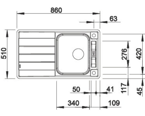 Masszeichnung einer Küchenspüle mit den Massen 860 x 510 Millimeter.