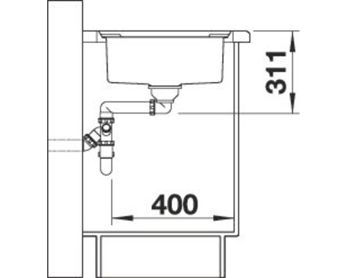 Skizze einer Spüle mit den Maßen 311 mm Höhe und 400 mm Breite.