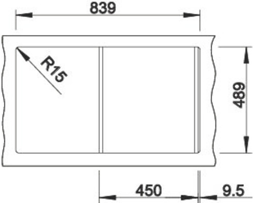 Technische Zeichnung einer Spüle mit den Maßen 839 x 489 mm