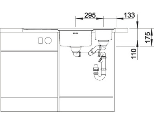Dessin d''un évier avec des dimensions de 295 mm et 133 mm, plus 175 mm et 110 mm