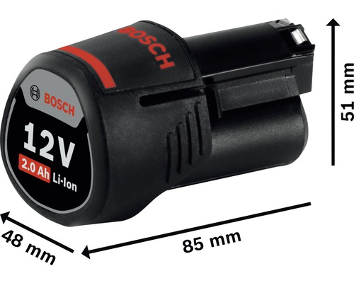 Batterie lithium-ion Bosch 12 volts 2.0 Ah avec dimensions