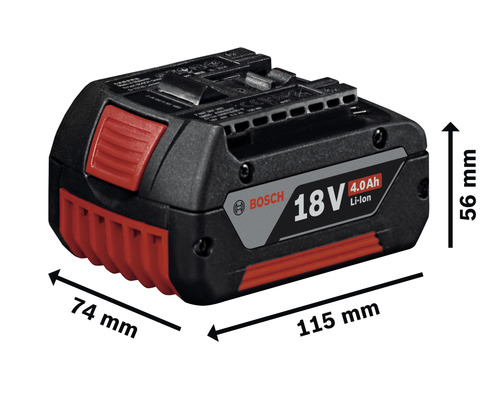 Batterie lithium-ion Bosch 18 volts 4.0 Ah avec des dimensions de 115 mm x 74 mm x 56 mm