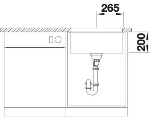 Dessin technique d''un évier de cuisine avec les dimensions 265 et 200.