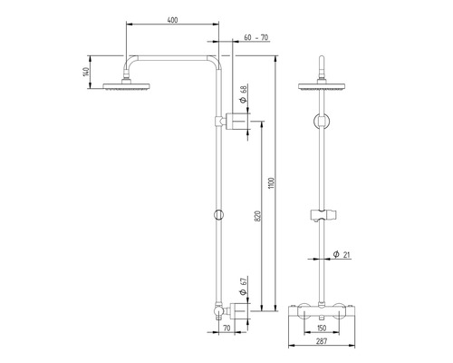 Technische Zeichnung einer Duscharmatur mit Höhen- und Breitenangaben.