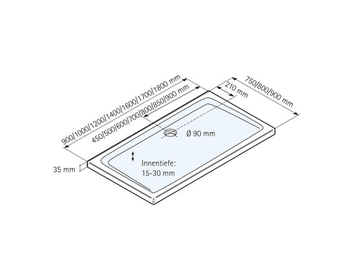 Schéma technique d''un receveur de douche avec indications de dimensions