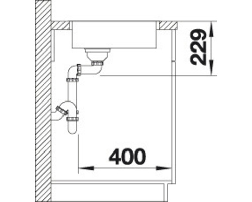Schema einer Spüle mit Rohren und den Maßen 229 und 400