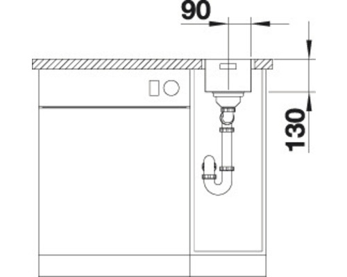 Skizze einer Spüle mit Siphon und Massangaben