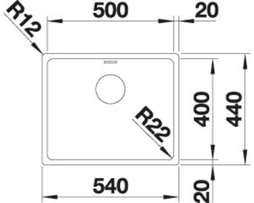 Skizze einer Küchenspüle mit den Maßen 500, 540 und 400 Millimeter