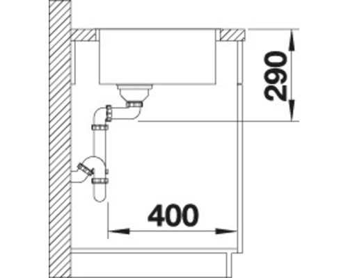 Zeichnung einer Spüle mit den Maßen 290 mal 400