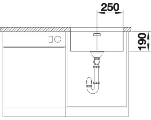 Skizze einer Spüle mit Ablaufgarnitur und Massangaben.