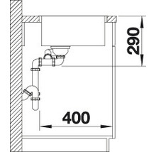 Zeichnung einer Spüle mit Siphon und Maßangaben 290 und 400.