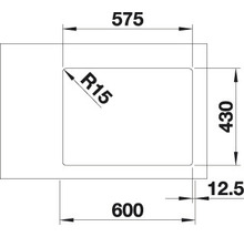 Technische Zeichnung einer Spüle mit den Maßen 600 x 430 x 575 mm und einem Radius von 15 mm.
