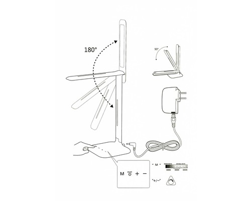 Illustration d''une lampe de bureau qui montre sa flexibilité grâce à une rotation de 180 degrés et une inclinaison de 90 degrés.