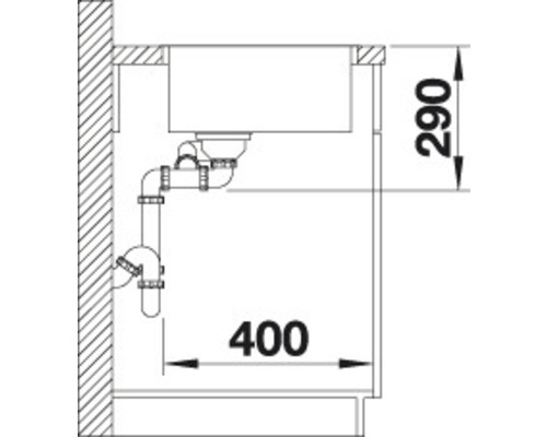 Schéma d''un évier avec garniture de vidange et dimensions 290 et 400