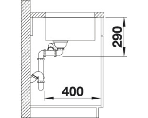 Schéma d''un évier avec évacuation et dimensions 400 et 290.