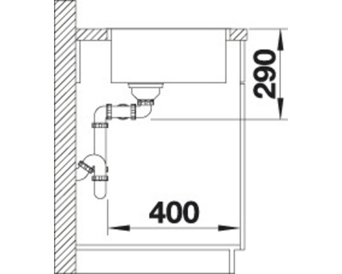 Skizze eines Spültischs mit Siphon und Massangaben