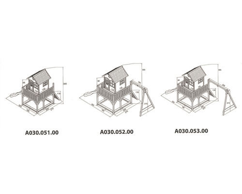 Schéma technique de trois cabanes avec toboggan et balançoire