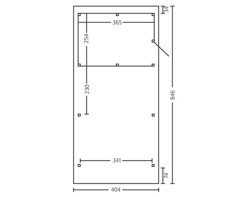 Masse einer Duschkabine: 404 x 846 Millimeter, Breite oberes Element 365 Millimeter, Höhe oberes Element 254 Millimeter, Höhe oberes Element bis zum unteren Rand 230 Millimeter.
