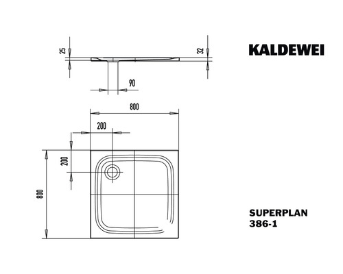 Kaldewei Superplan receveur de douche 800x800 mm plan technique