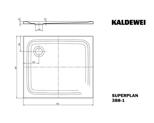 Schéma technique d''un receveur de douche Kaldewei Superplan, modèle 388-1, avec indications de dimensions