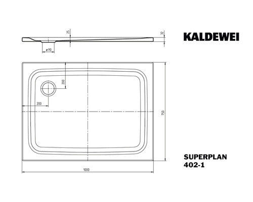 Schéma technique d''un receveur de douche Kaldewei Superplan avec dimensions